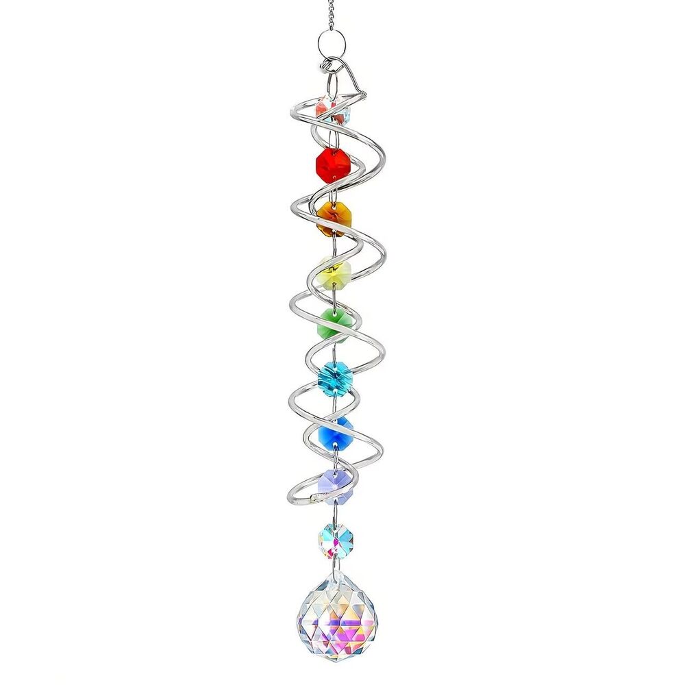 Set of 2 Crystal Suncatcher Wind Spinner 3D Gazing Ball Spiral 17.75 Rainbow